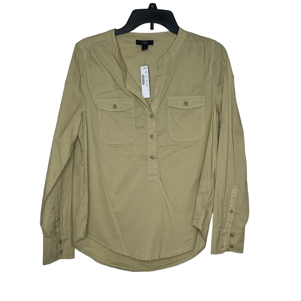 J.Crew Women's Garment-dyed Popover Top Long Sleeve Snap Pocket Green‎ Small NWT